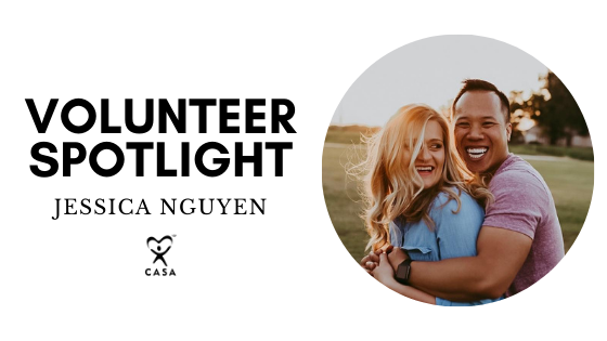 Volunteer Spotlight. Jessica Nguyen. Husband. Close Up. Hugging.